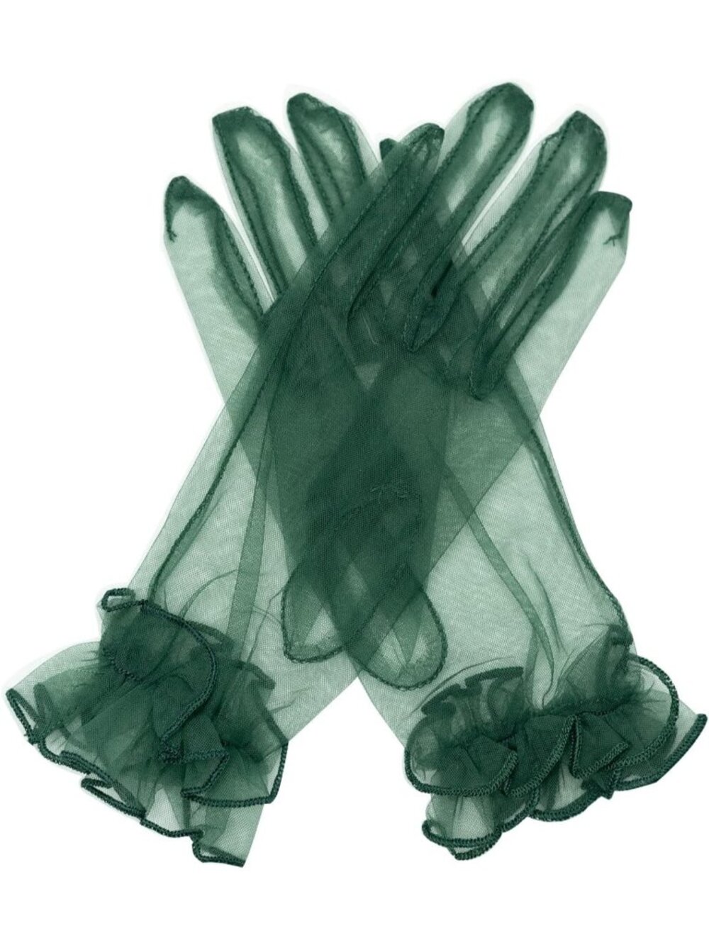 Women's Dark Green Ruffled Short Sheer Wrist Length Halloween Tulle Mesh Gloves